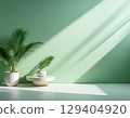光線斜射到有植物和綠色色調的房間的牆壁和地板上 129404920