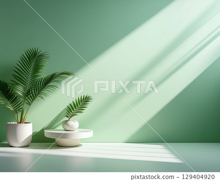 Light shining diagonally onto the walls and floor of a room with plants, green tones 129404920