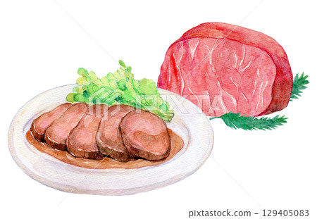 Watercolor illustration, hand-drawn illustration, roast beef 129405083