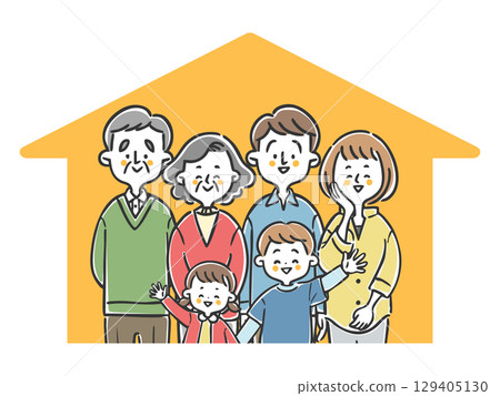 三代人微笑的家庭和房子向量 129405130