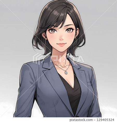 一位身穿藍色夾克和黑色內衣的短髮女性(白色背景) 一位身穿藍色夾克和黑色內衣的短髮女性(白色背景) 129405324