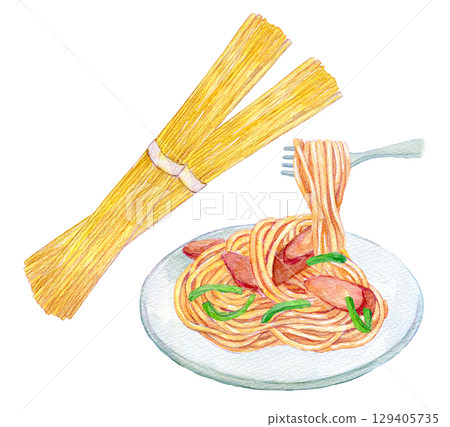 Watercolor illustration, hand-drawn illustration, Neapolitan and dried pasta 129405735