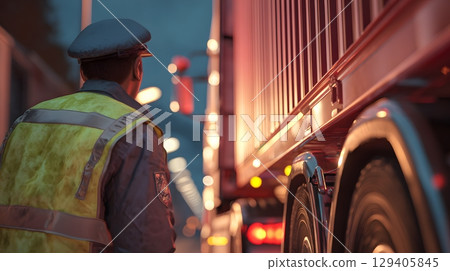 Customs officer halting freight truck at checkpoint, high-detail 3D 129405845