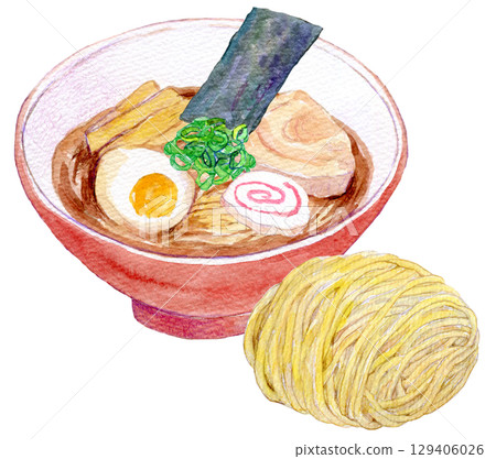 Watercolor illustration, hand-drawn illustration, soy sauce ramen, fresh noodles Watercolor illustration, hand-drawn illustration, soy sauce ramen, fresh noodles 129406026
