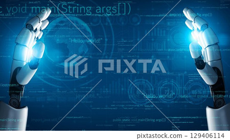Futuristic Robotic Hands Interacting with Digital Data and Programming Code in a Technology Concept with Virtual World Display xenic Futuristic Robotic Hands Interacting with Digital Data and Programming Code in a Technology Concept with Virtual World Display xenic 129406114