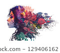 Watercolor of Profile of Woman with floral elements isolated on white 129406162