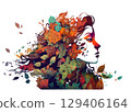 Watercolor of Profile of Woman with floral elements isolated on white 129406164