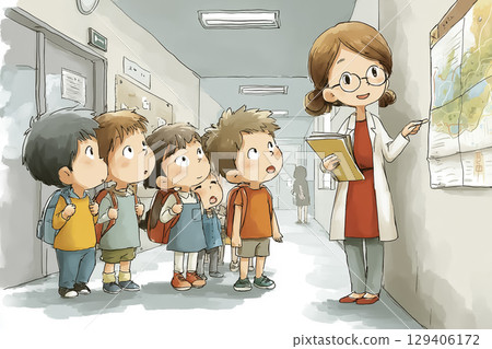 Teachers and students checking evacuation routes (in the hallway) 129406172