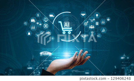 AI Ecommerce Shopping Technology with Data Analytic and Smart Retail Icons Muxer 129406248