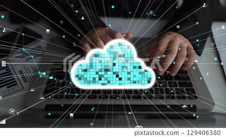 Hands Typing on Laptop with Cloud Computing Visualization and Digital Data Streams Representing Technology, Connectivity, and Innovation xenic 129406380