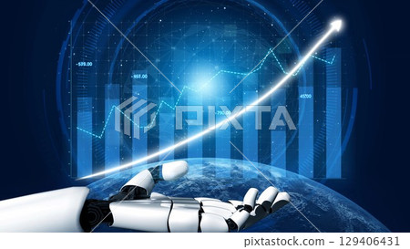 Futuristic robotic hand reaching out towards a digital graph representing growth and analytics in a tech-driven world with cosmic background Copula 129406431