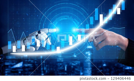 Hands of a robot and a human reaching towards each other in front of a glowing financial chart representing technology and innovation in the future of finance Copula Hands of a robot and a human reaching towards each other in front of a glowing financial chart representing technology and innovation in the future of finance Copula 129406446