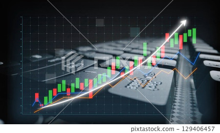 Financial data analysis on a digital keyboard with colorful stock market charts, graphs, and upward trend lines demonstrating market performance Copula 129406457
