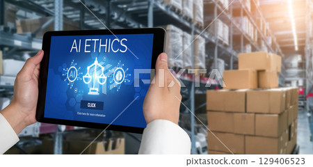 AI ethics responsibility standard law and rules on computer screen brisk 129406523
