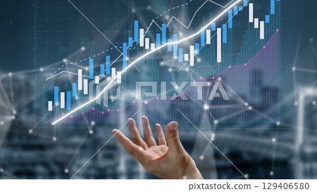 Hand Reaching Out Toward Financial Graph Representing Market Trends and Performance Analysis in Digital Environment with Data Visualization Elements Copula 129406580