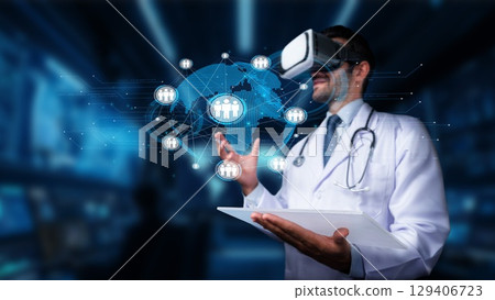 Medical Professional Using Virtual Reality Technology for Healthcare Innovations and Global Data Visualization in a Modern Clinical Setting. PHMT 129406723
