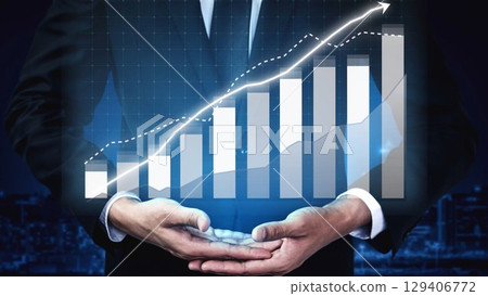Businessman in Suit Presenting Growth Graph with Financial Data Visualizations, Symbolizing Success and Prosperity in Corporate Environment Copula 129406772