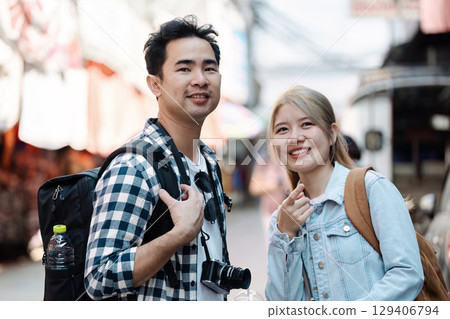 Travel adventure in vibrant market streets moments outdoor environment candid viewpoint exploring culture 129406794