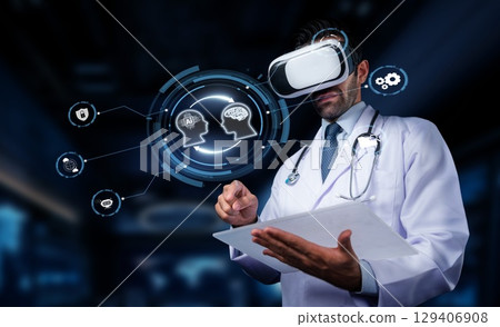 Healthcare Professional Using Virtual Reality Technology for Innovative Medical Solutions in a Modern Clinical Environment. PHMT Healthcare Professional Using Virtual Reality Technology for Innovative Medical Solutions in a Modern Clinical Environment. PHMT 129406908
