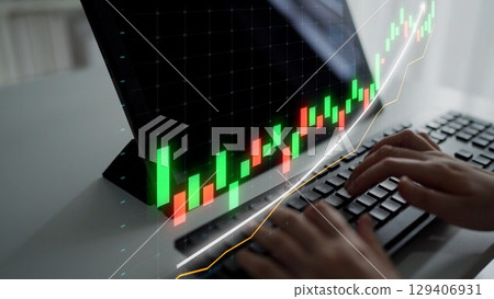 Professional Hands Typing on Keyboard with Stock Market Graph on Screen, Analyzing Data Trends for Financial Success and Investment Strategy Copula 129406931