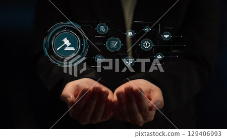 Digital law interface displaying justice scale, highlighting digital law Muxer 129406993
