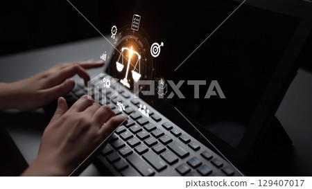 Digital law interface displaying justice scale, highlighting digital law Muxer Digital law interface displaying justice scale, highlighting digital law Muxer 129407017