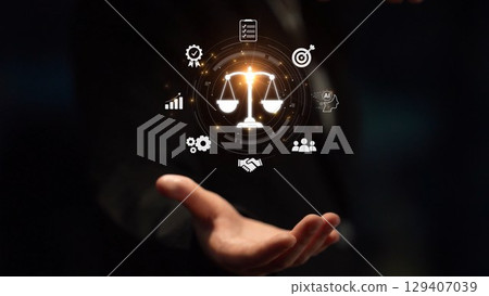 Digital law interface displaying justice scale, highlighting digital law Muxer 129407039