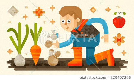 Young Gardener Tending to Vegetables in a Colorful Illustration of Gardening Activities 129407296