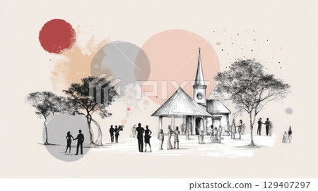 Community Gathering at Charming Church with Surrounding Trees and People Socializing Outdoors 129407297