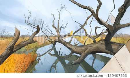Serene Landscape With Fallen Trees And Still Water Reflections In A Calm Natural Environment 129407333