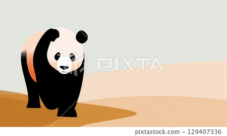 Cute and Playful Cartoon Panda Illustration on a Minimalist Background in Subtle Pastel Tones 129407336