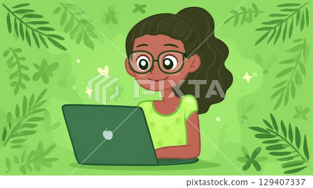 Happy Girl Working on Laptop Surrounded by Greenery and Nature Elements in Cartoon Style 129407337
