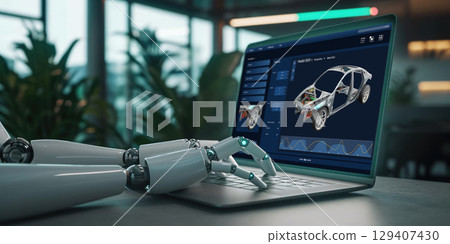 Electric car design software on computer screen show simulation blueprint brisk Electric car design software on computer screen show simulation blueprint brisk 129407430