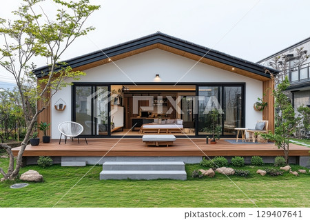 Modern architecture home with expansive outdoor deck serene garden setting photography inviting environment front view contemporary living 129407641