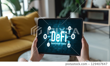 Decentralized finance or DeFi concept on brisk computer screen Decentralized finance or DeFi concept on brisk computer screen 129407647
