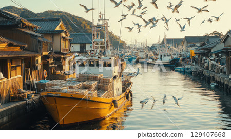 Fishing boat in harbor at sunrise coastal town marine scene tranquil waters serene environment nature's beauty 129407668