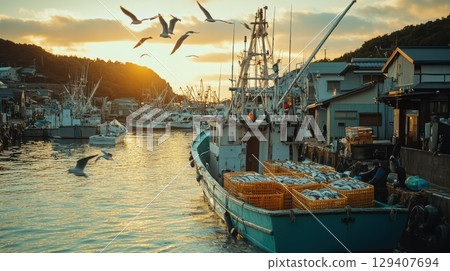 Fishing fleet returns at sunset harbor nature photography tranquil waters scenic view coastal life 129407694