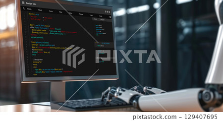 Software development programming on computer screen for brisk application 129407695