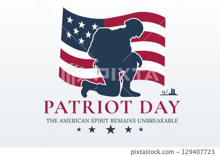 patriot day kneeling soldier silhouette with waving usa flag 129407723