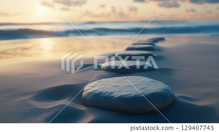 Stepping grey stones with texture forwarding in beach sand and ocean water with blue sky 129407743