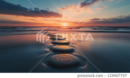 Stepping grey stones with texture forwarding in beach sand and ocean water with sunset sky 129407747
