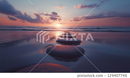 Stepping grey stones with texture forwarding in beach sand and ocean water with sunset sky 129407748