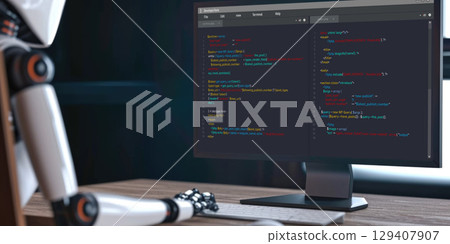 Software development programming on computer screen for brisk application 129407907
