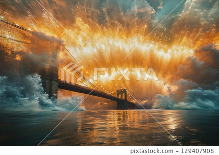 Dramatic sunset over brooklyn bridge new york city digital art urban landscape aerial view visual serenity 129407908