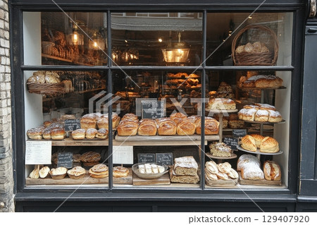 Artisan bakery display charming street food photography urban setting eye-level perspective culinary delights showcase 129407920