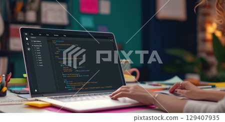 Software development programming on computer screen for brisk application 129407935
