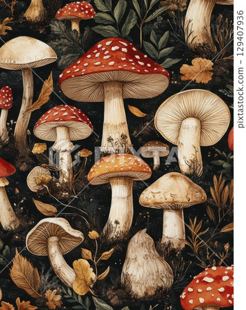 Vibrant mushroom growth in enchanted forest nature art rich colors serene environment artistic perspective botanical concept 129407936