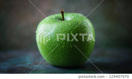 Closeup green apple closeup macro photo with waterdrop dark background 129407970