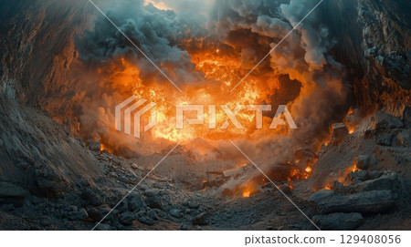 Volcanic eruption ignites chaotic landscape remote location nature photography dramatic atmosphere wide angle view natural disaster impact 129408056