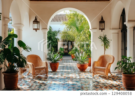 Peaceful garden retreat cozy courtyard interior design lush greenery serene atmosphere tranquil escape for relaxation 129408058